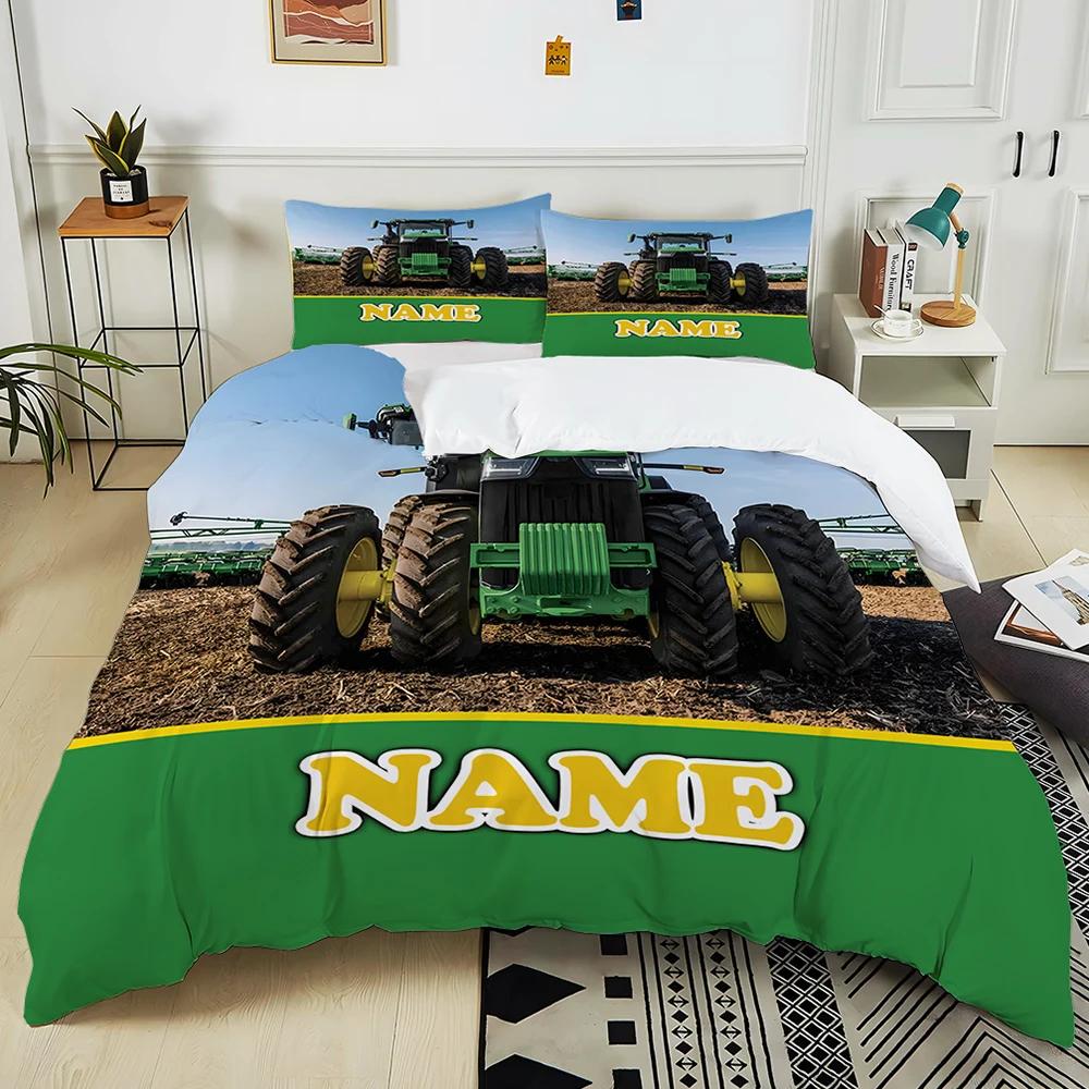 New! Personalized Custom Name Retro Tractor Pattern Printed Bed 3-piece Set Children Adult Soft Bedding Christmas Halloween Gift