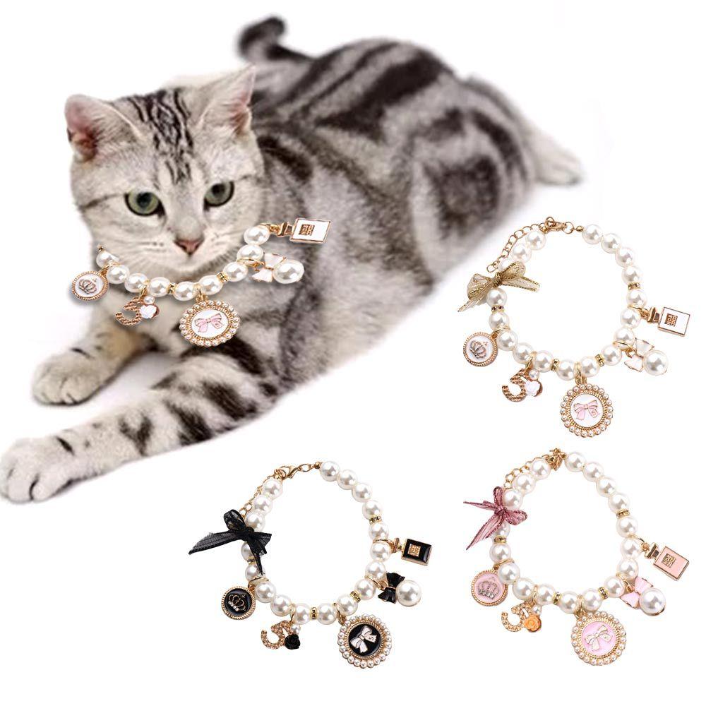 Pink Fashion Dog Chain Puppy Accessories Pearl Rhinestone Bow Collar Necklace Cat Jewelry Pet  Collars