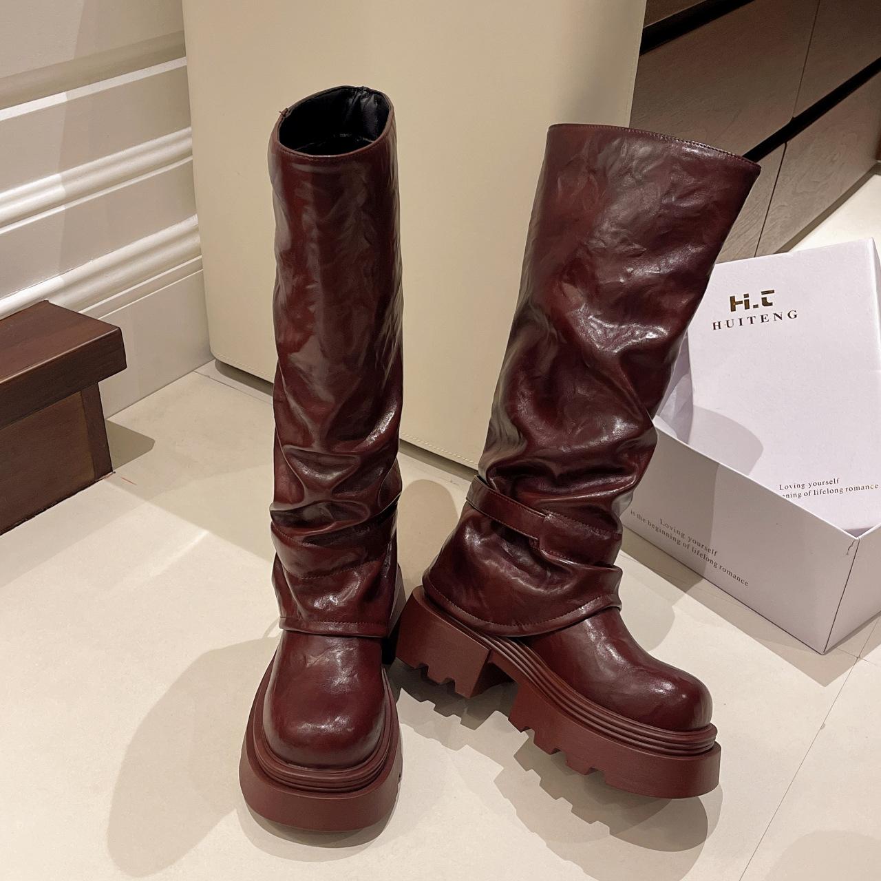 

Thick soled high leg boots for women new autumn and winter brown long leg boots, pants boots, small knight boots 35