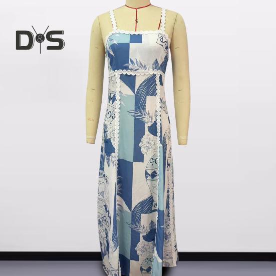 Women Vacation Dress Printed Patchwork Low-cut Square Neck Backless Sleeveless A-line Full Length Beach Maxi Dress Summer Strappy Dress