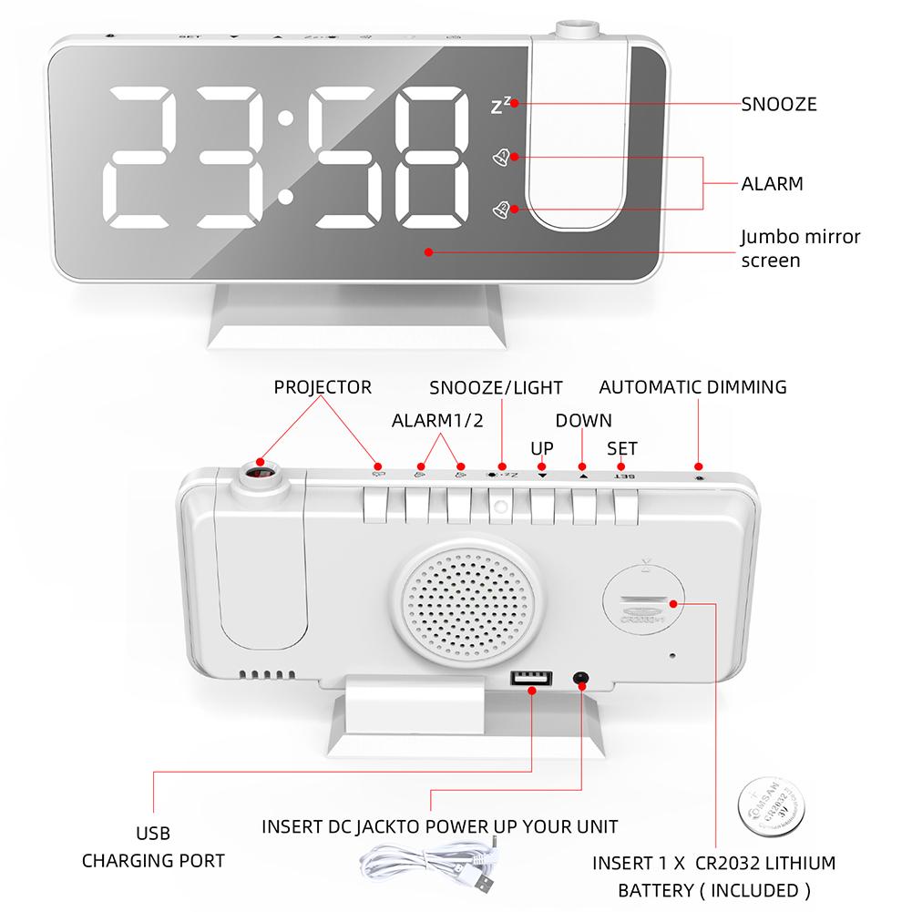 Digital Projection Alarm Clock Large LED Display 180° Rotatable Projector & Dimmer 12/24H DST With Time Temperature for Home Bed