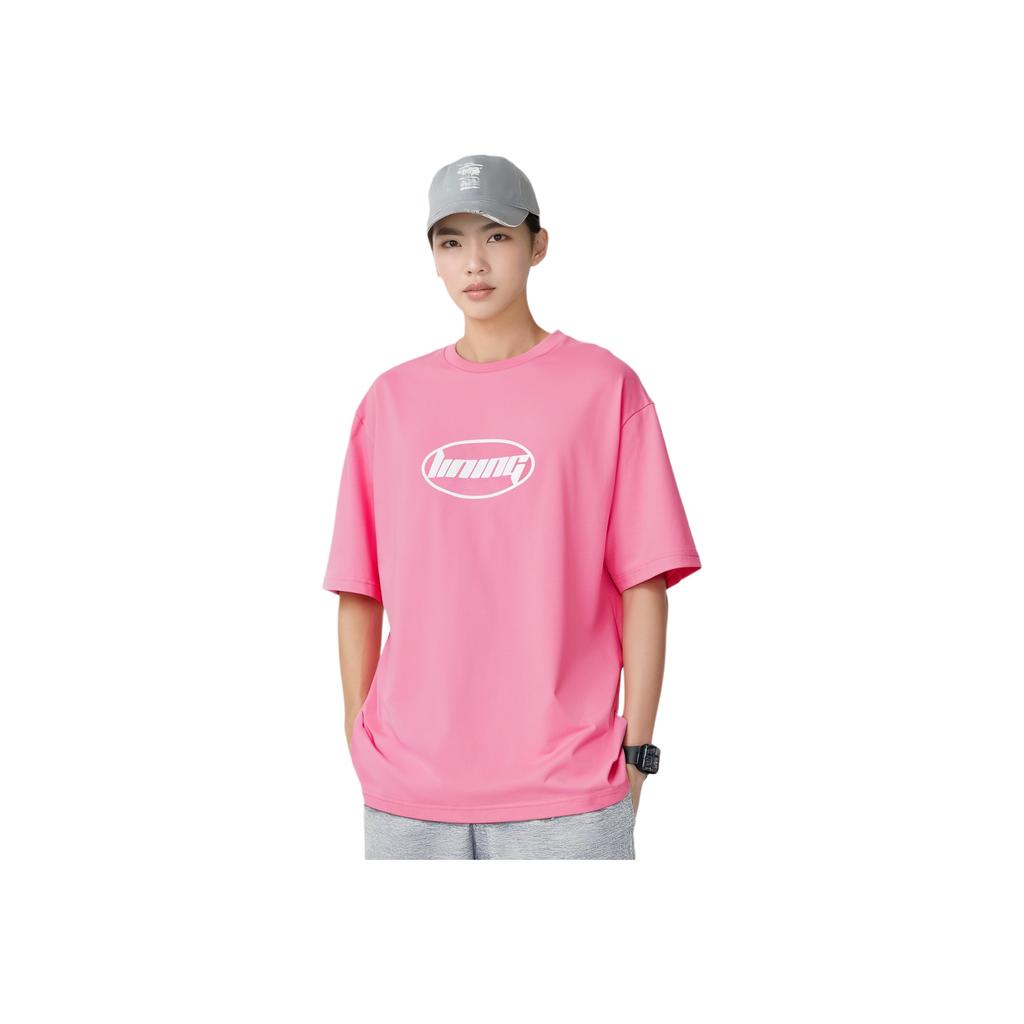 Li-Ning Sports Fashion Series Letter Print Casual Round Neck Short Sleeve T-Shirt Unisex Tops Dawn-Pink AHSSA33-13