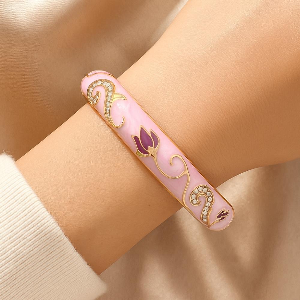 Open Chinese Cloisonne Bracelet Traditional Cheongsam Bracelet Classic Lotus Flower Bangle  Daily