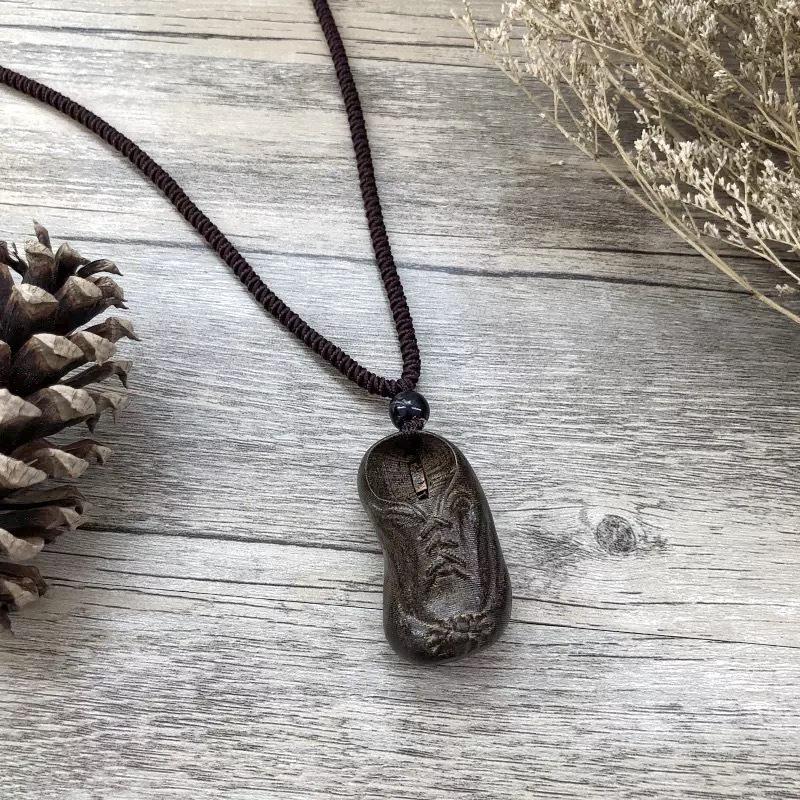 Retro Hand-carved Mahogany Long Necklace Women's Fashion Temperament Cotton and Linen Clothing Sweater Chain Accessories