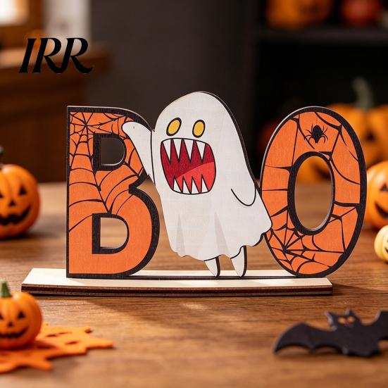 Holiday Window Display Ornament Halloween Wooden Table Sign, Cute Pumpkin Boo Ghost Vibrant Party Prop Tabletop Centerpiece for Indoor Mantel