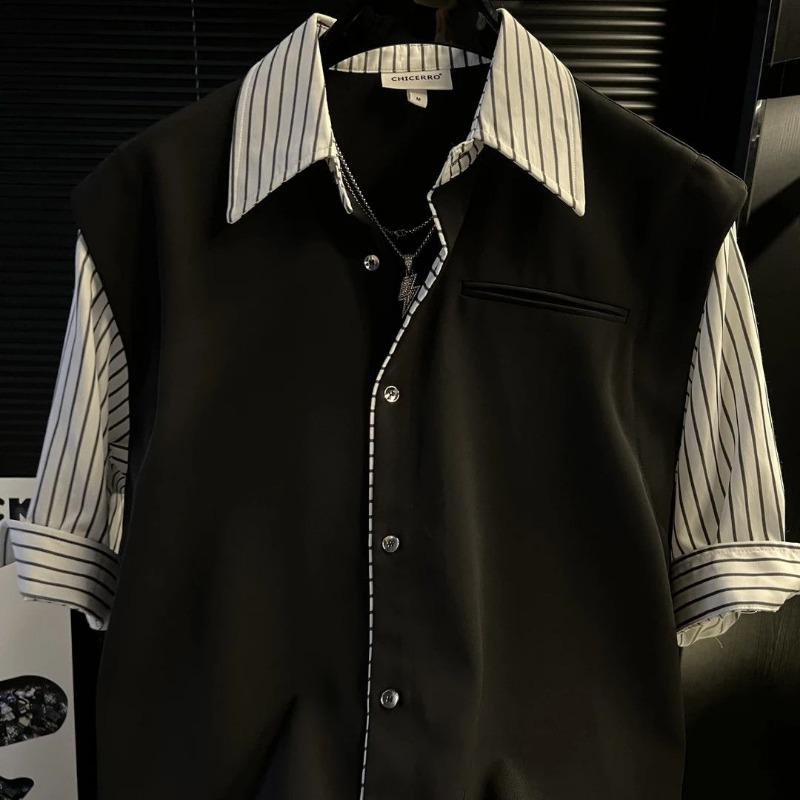 Summer Men's Patchwork Striped New Short-sleeved Shirt Fake Two-piece Design Casual Loose Versatile Shirt