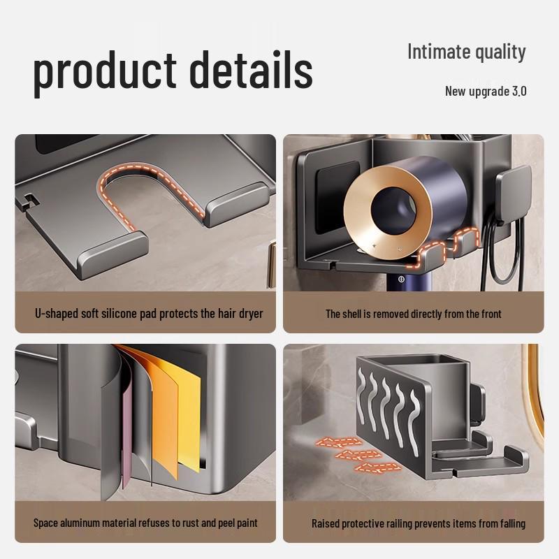 Punch-Free Hair Dryer Holder: Bathroom Storage & Organizer Shelf