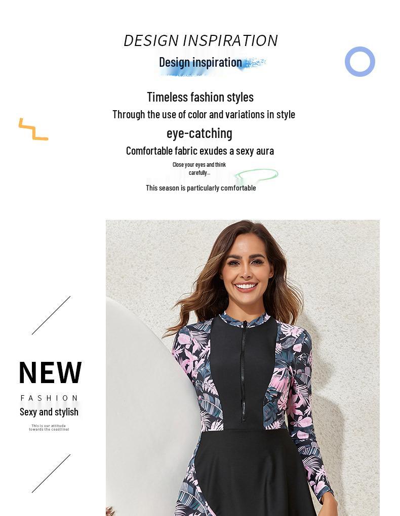 2025 European American Print Sun Protection Two-Piece Surf Swimsuit with Long Sleeve Skirt Style