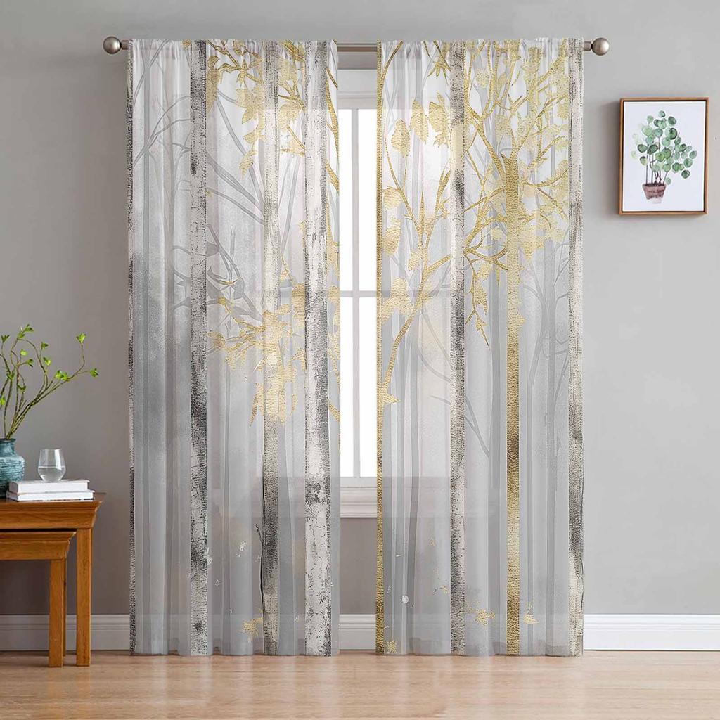 Träd Blomma Oljemålningsstil Blomma Skira Gardiner för Vardagsrum Modern Heminredning Tyllgardin Sovrum Voile Draperier