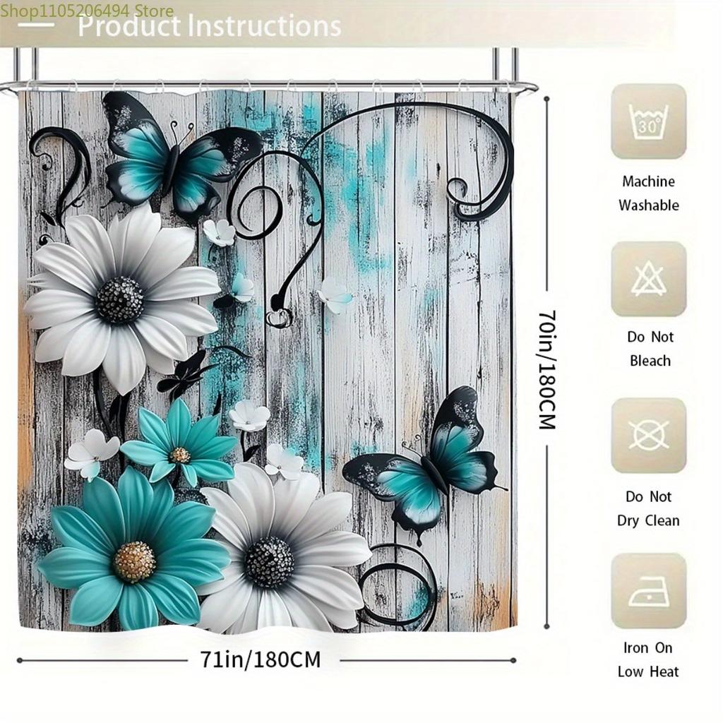 1/3/4pcs, Fashionable and simple Teal and White Floral Butterfly Bathroom Set - 2D FLAT Shower Curtain and Rug Collection Exqu