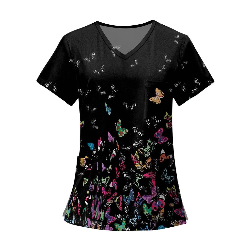 Women's Fashion Printed Short Sleeve V Neck Pattern Tops Pocket Working T-shirts