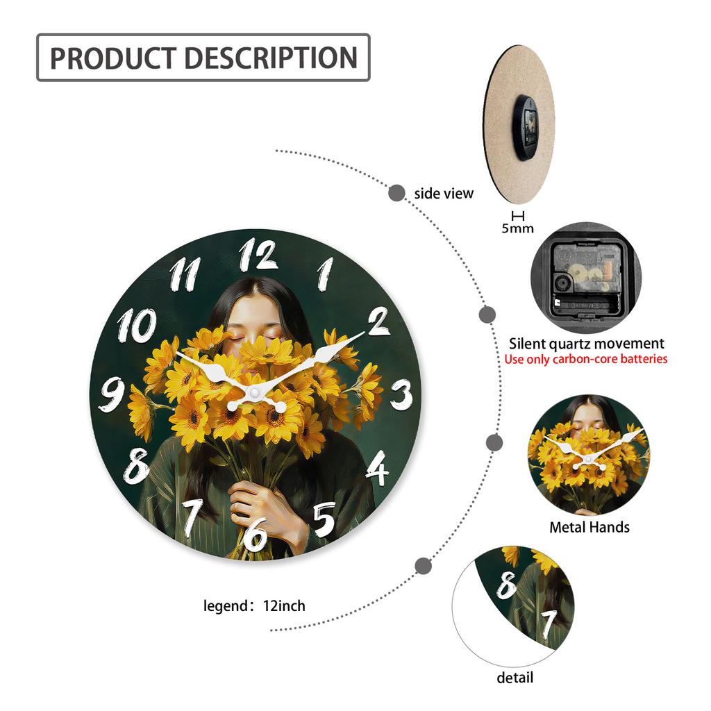 First-Class Sunflower Illustration First-Class Wooden Superior-Grade Wall Superior-Grade Clock 10-16Inch Superior-Grade Silent Premium-Quality Wall