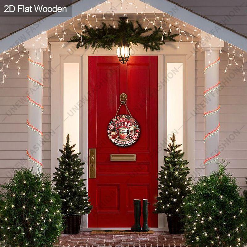 Peppermint Christmas Cafe Round Wooden Hanging Sign, 2D Flat Printed Christmas Wall Door Ornament, Xmas Home Holiday Decor Gift