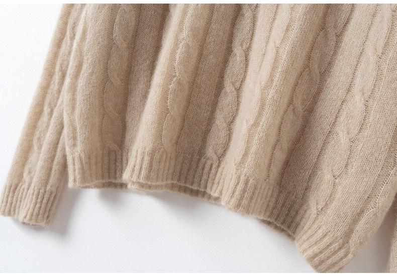 Women's Cashmere Cable Knit Sweater - New Lapel Style, Loose Fit, Autumn/Winter Versatile Top in Pink, Purple, and Light Blue.