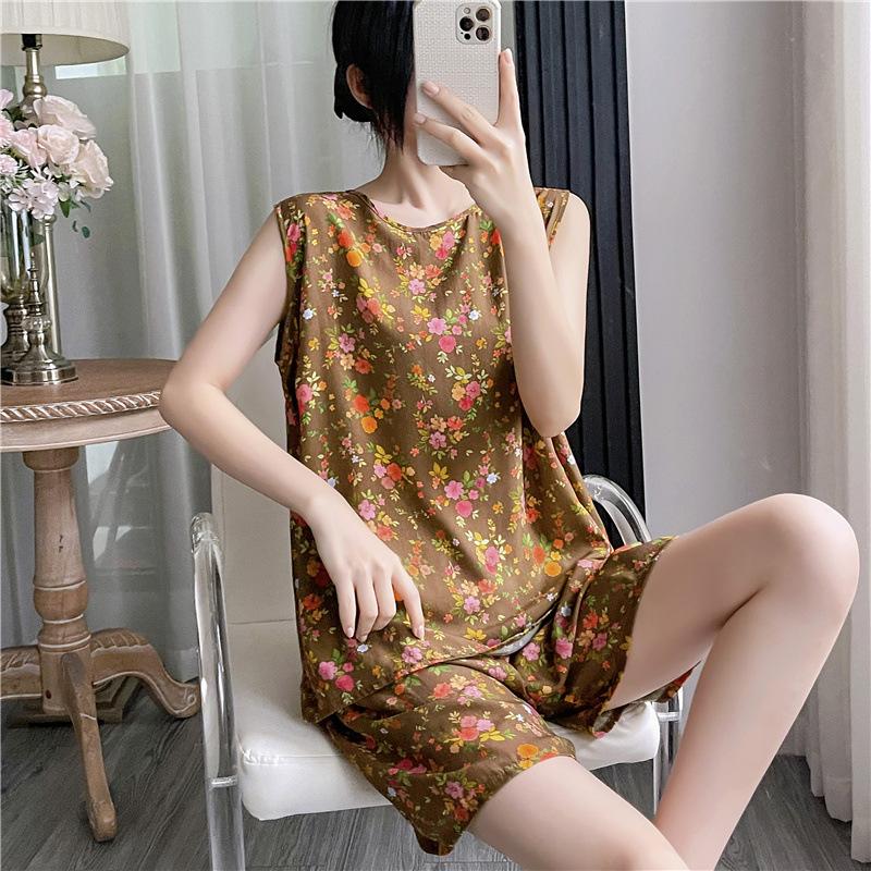 Cotton and silk pajamas women's summer thin loose sleeveless artificial cotton loungewear can be worn outside student cotton silk suit plus size