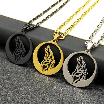 Punk Moon Wolf Pendant Necklace for Women Men Stainless Steel Animal Chain Jewelry Accessory