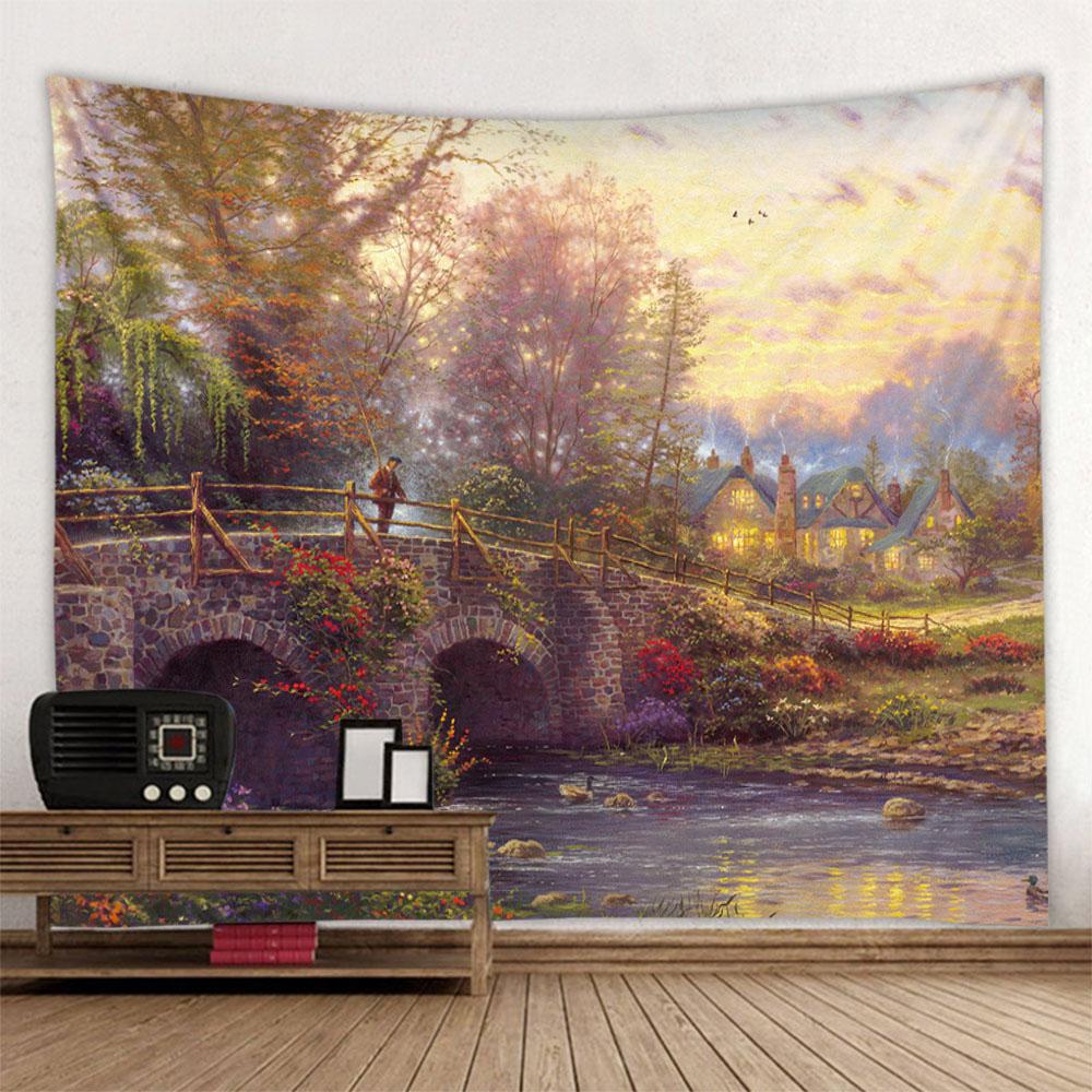 Landscape oil painting tapestry wall hanging forest yoga bed sheet blanket bedroom living room home decoration background poster
