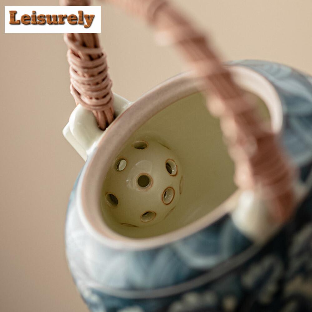 210ML Chinese Ru Kiln Vine Woven Beam Teapot Retro Blooming Flower Pot Handmade Tea Soaking Kettle Teaware Accessories Gift