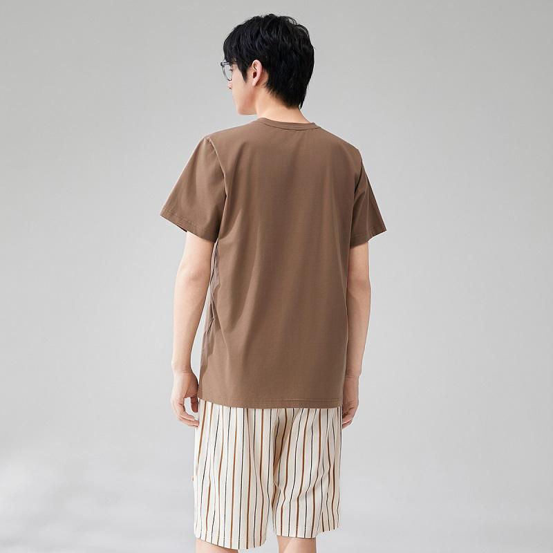 Fenteng [100% cotton] comfortable round neck striped thin, breathable and soft short sleeved home suit set for men's sleepwear