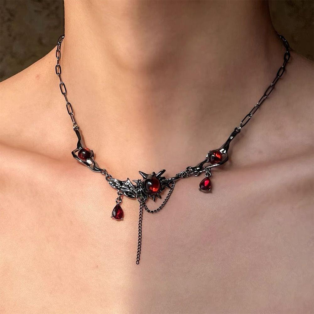 Dark Gothic Tassel Chain Choker Punk Collarbone Neck Chain Red Zircon Pendant Necklace  for Women