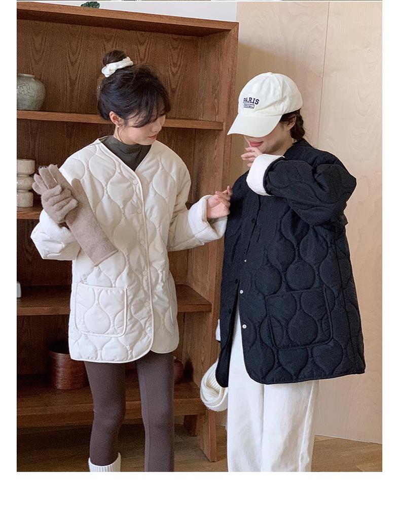Bomullsjacka för dam i koreansk stil med diamantmönster, kraglös - Kort, sömlös, lättviktig för höst & vinter