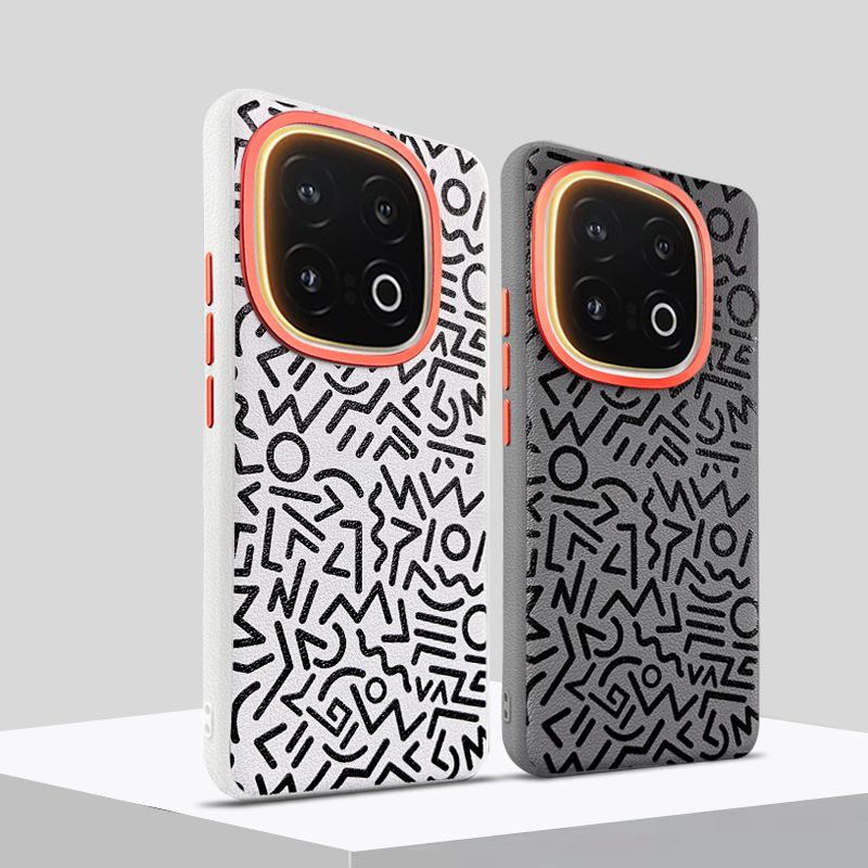 Graffiti Pattern Case For Vivo iQOO 13 Eye-catching Metal Lens Protection Frame Anti-slip Grip Plain Leather Case Cover