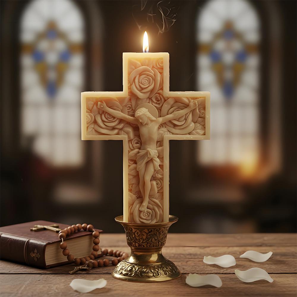 Rose Flower Mold Reusable Cross Candle Mold Silicone Mold Multifunctional For Plaster Crafts Religious Gifts Christmas