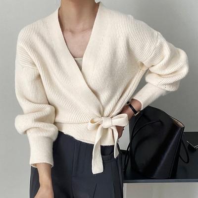 Early Autumn Bow Tie V-Neck Knit Women's Short High Waist Cardigan Sweater Coat Overlay Design Sense Top