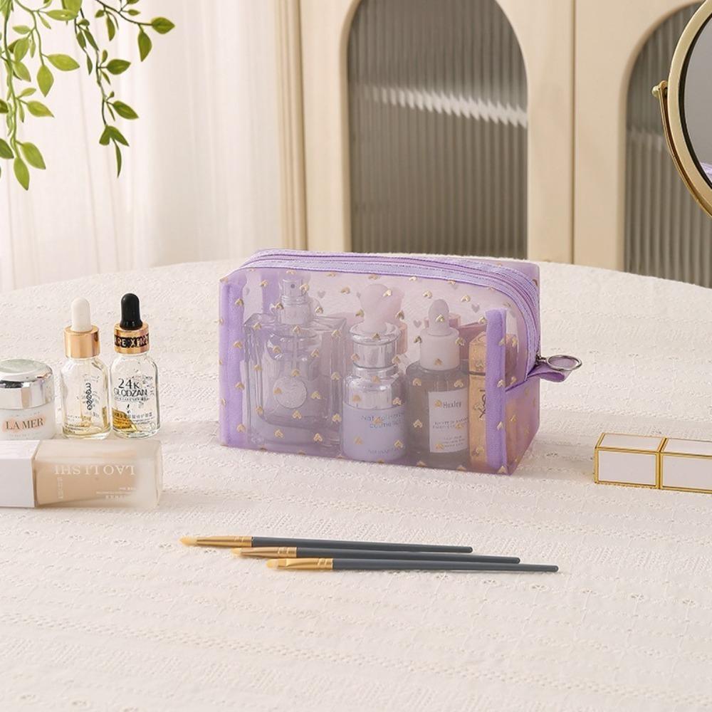 Fashion Portable Cosmetics Storage Bag Mesh Heart Makeup Bag Toiletries Bag Women