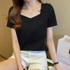 Women's 2026 Summer Square Neck Short Sleeve T-shirt - Solid Color, Loose Fit, Slimming, Exposed Collarbone Design