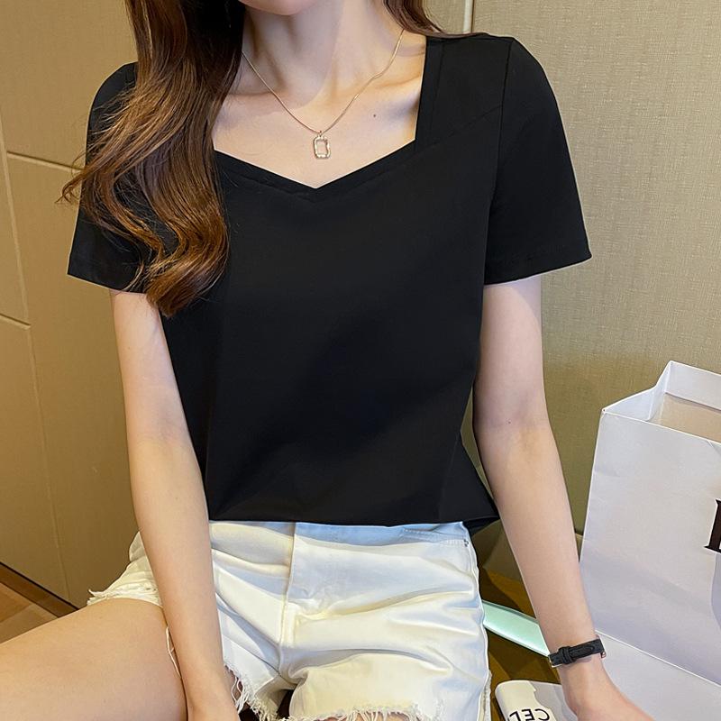 Women's 2026 Summer Square Neck Short Sleeve T-shirt - Solid Color, Loose Fit, Slimming, Exposed Collarbone Design