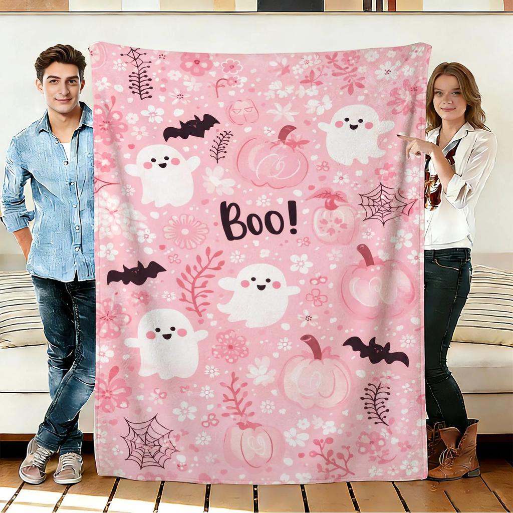 Cute Pink Ghost Blanket Halloween Fall Holiday Decor Gothic Throw Gifts for Kids