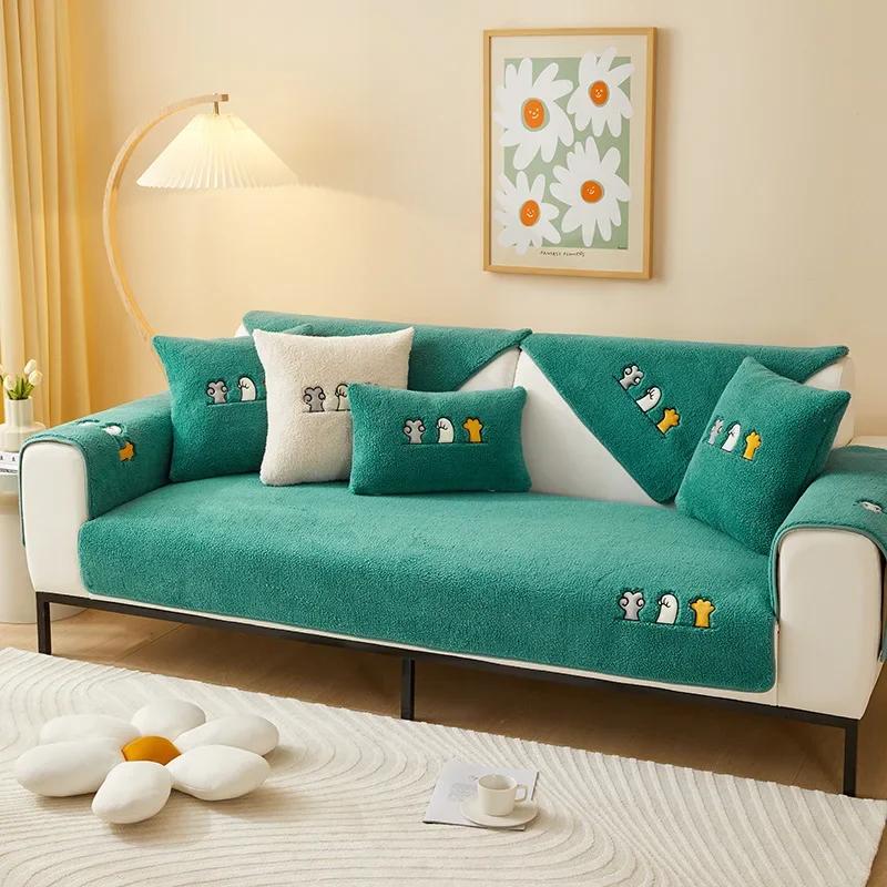 Winter Thicken Sofa Towel Solid Color Lamb Wool Plush Sofa Cushion Corner Soft Slipcovers For Living Room Decor Couch Cover