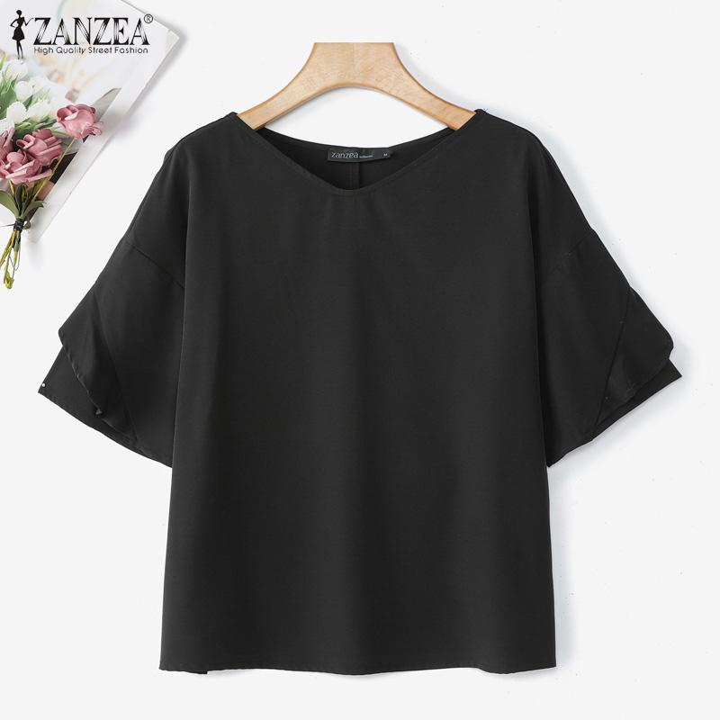 ZANZEA Damen Freizeit Rundhals Einfarbig Kurzarm Bluse