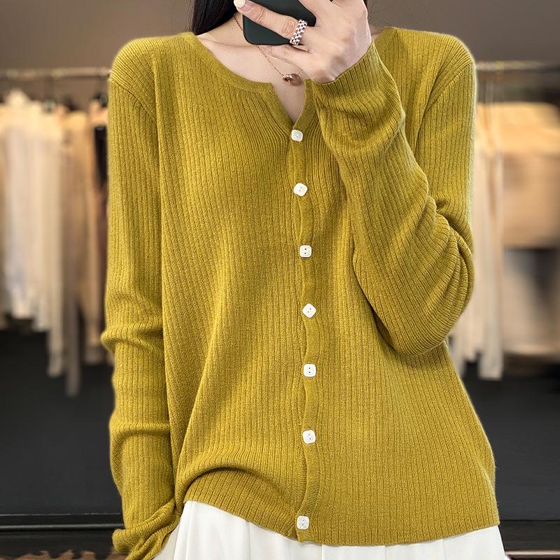 Women's Worsted Wool Cardigan: V-Neck, Lightweight, Loose Fit, Long-Sleeved, Sun-Proof, Spring/Summer Knit Sweater Jacket.