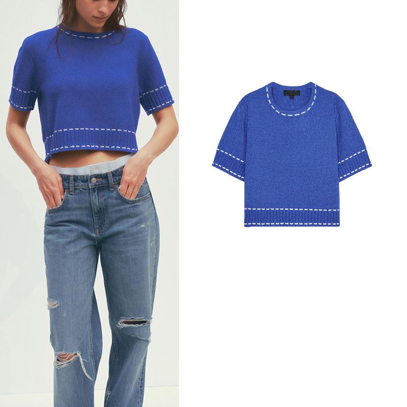 Summer Women's Clothing Contrast Color Thread Decoration Easiest for Match Minimalist Fashion Short Sleeve round Neck Knitwear 3920337