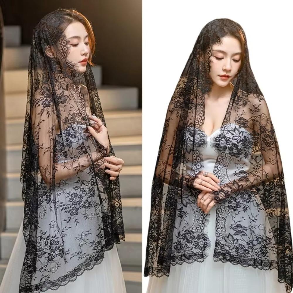 

Black Women Shawl Flower Bride Head Covering New Wedding Veils Mantilla чорний