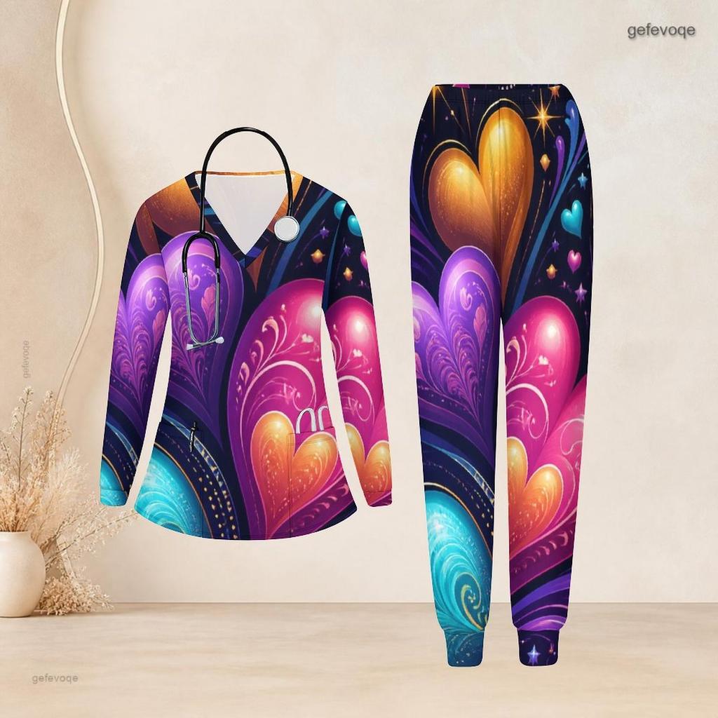 Women Plus Size V Neck Long Sleeve Scrub Set Modern Geometric Line Triangle Abstract Print Nurse Uniform Set