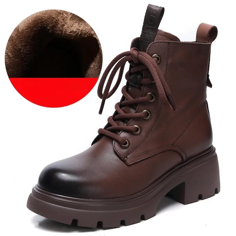 Johnature Genuine Leather Women's Shoes Versatile Lightweight Anti Slip Thick Heel Short Boots