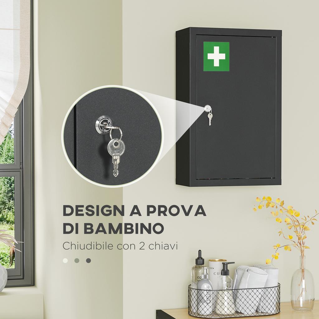 Medicine Cabinet with 3 Shelves and Lock with Keys in Steel, 30x14x46cm, Black