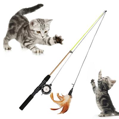 Pet Cat Kitten Feather Bell Retractable Fishing Rod Pole Playing Teaser Toy