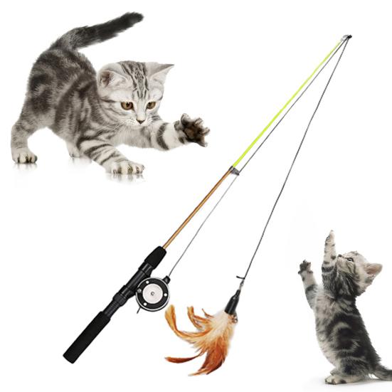Pet Cat Kitten Feather Bell Retractable Fishing Rod Pole Playing Teaser Toy