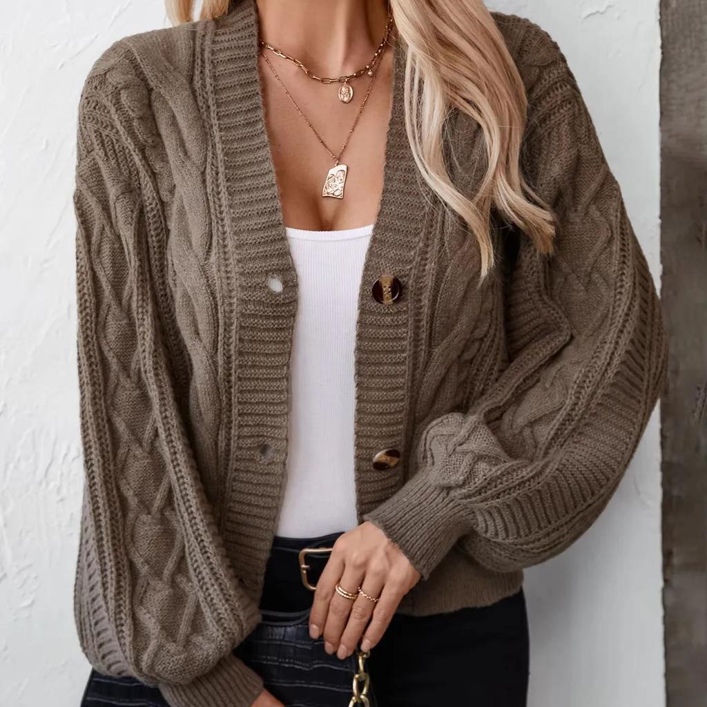 V-neck Sweater for Women, Short Cardigan with Loose Twisted Lantern Sleeves