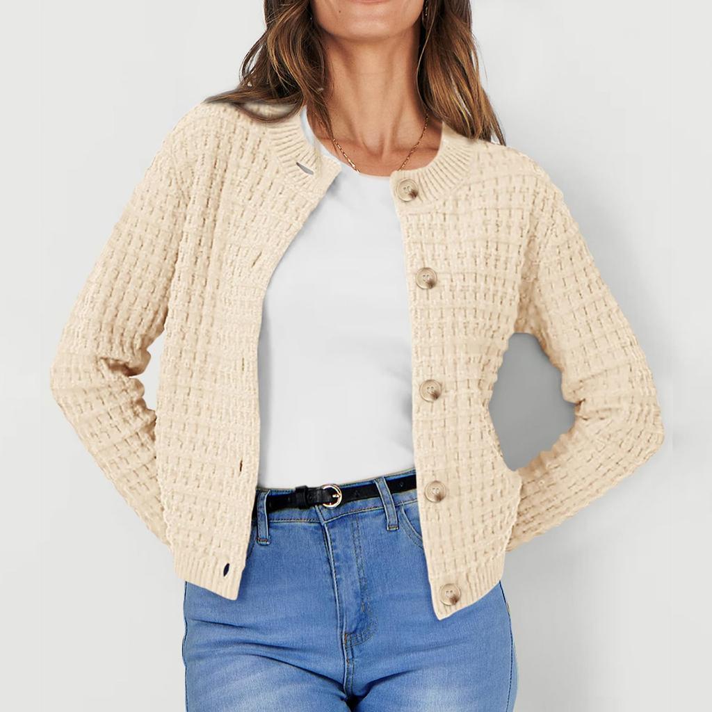 Women's Fashionable Solid Color Long Sleeved Button Knit Cardigan Casual Sweater Jacket