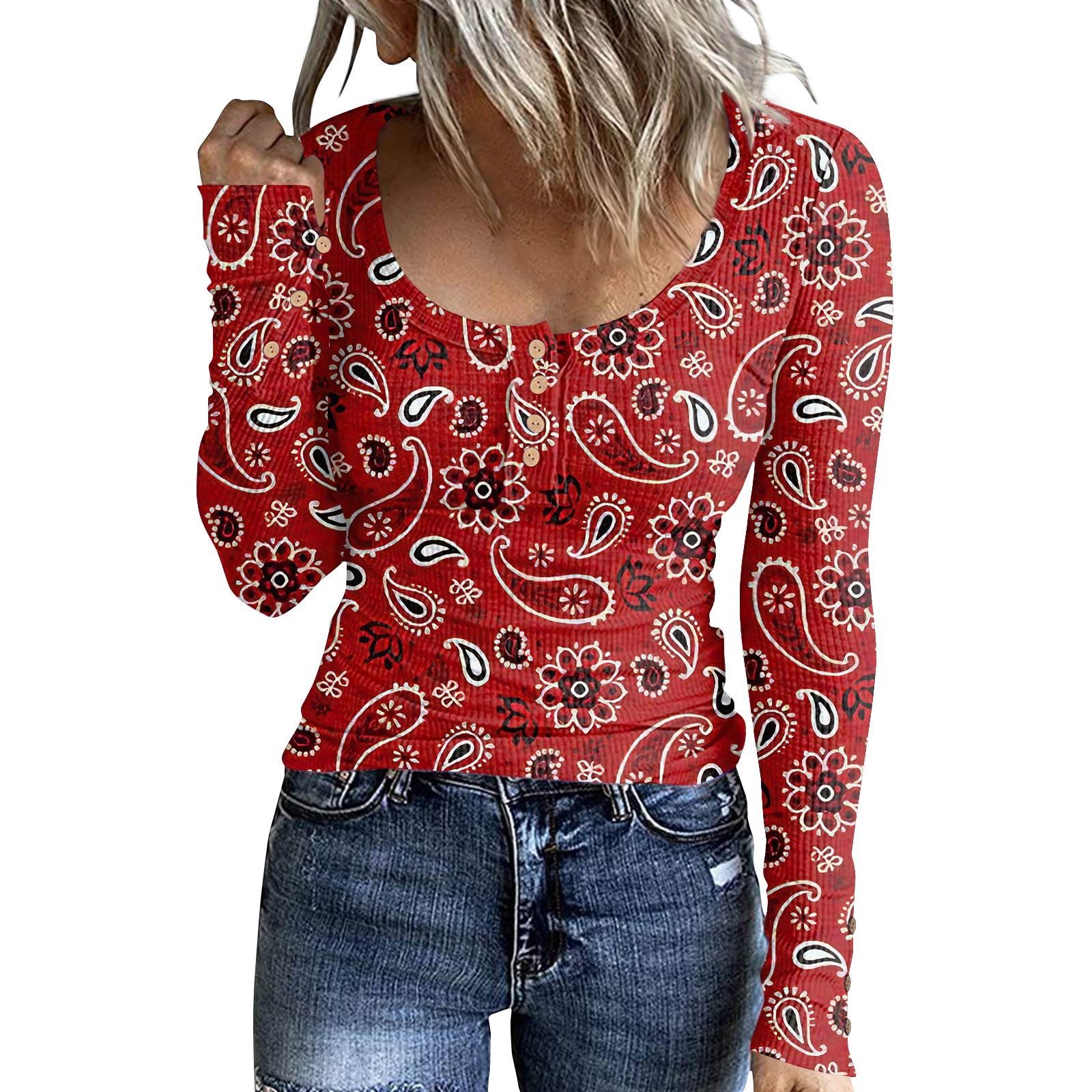 

Женские осенние и зимние топы, модные женские свободные футболки, повседневные топы с длинными рукавами и пуговицами с принтом XL красный
