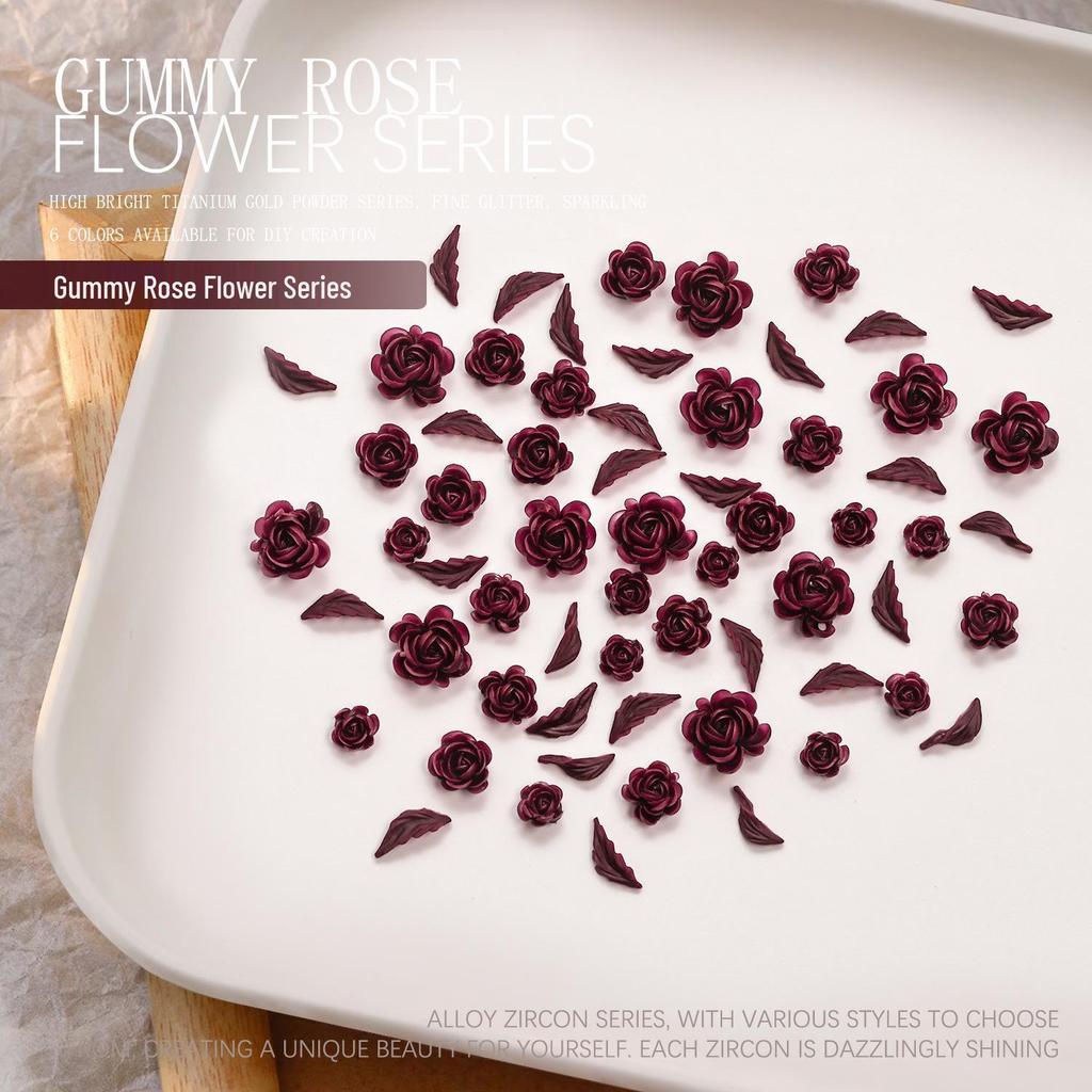 Crimson Rose 3D Nail Art Accessories - DIY Press-on Flower & Leaf Design