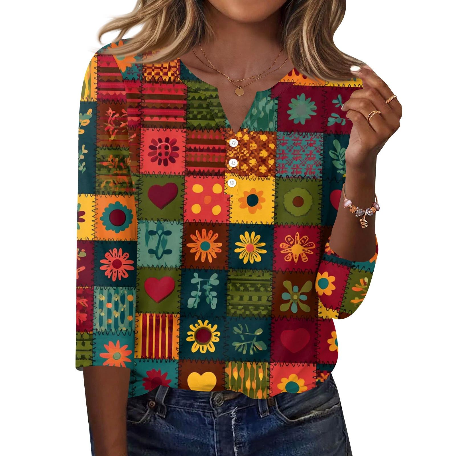 

Жіноча футболка з принтом на ґудзиках з рукавами 3/4, щоденна мода на вихідні, звичайний топ із V-подібним вирізом XXL шафрановий