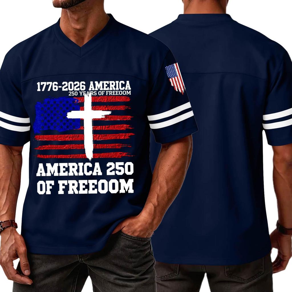Men's V Neck Short Sleeve Sports T Shirt Casual Athletic Jersey with Independence Day Patriotic Print America 250 Freedom Graphic Tee