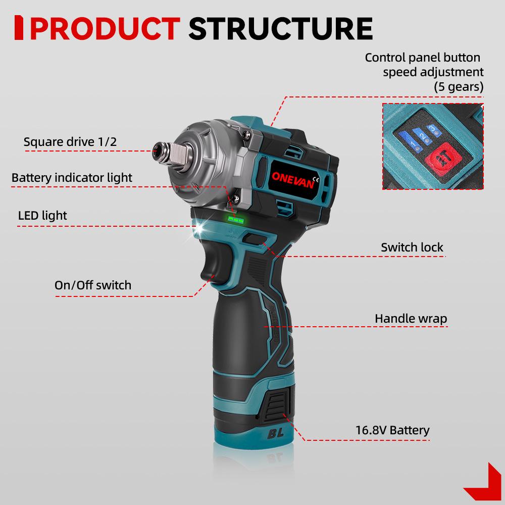 ONEVAN 500N.M Brushless Electric Impact Wrench 1/2inch Cordless 3-in-1 Wrench Screwdriver Drill Lithium-Ion Battery Power Tool