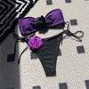 2024 American Style Color Contrast Rose Bandeau Tie Sexy Drawstring Tie Fashion Split Swimsuit Bikini Set Beach Party Clothes